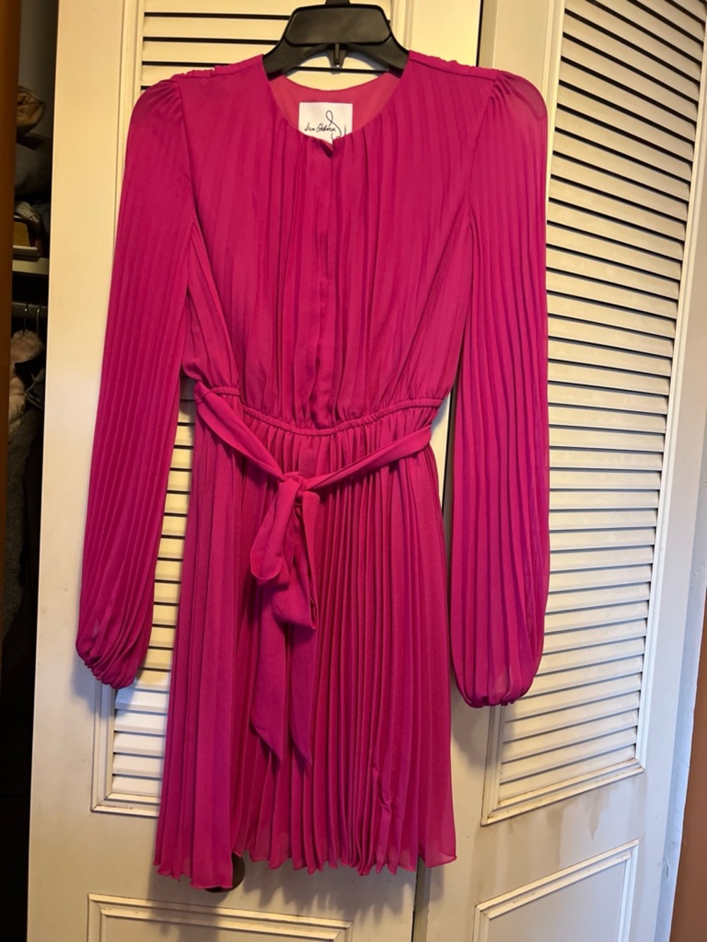 Hot Pink Pleated Long-Sleeve Tie-Waist Dress